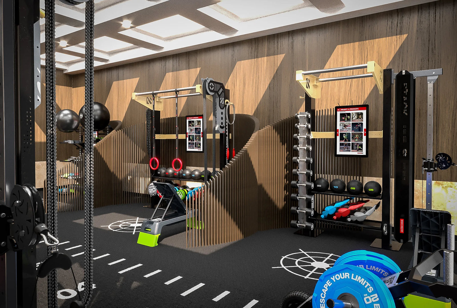 a luxury style gym with wood panelling, top tech lifting stations and innovative design