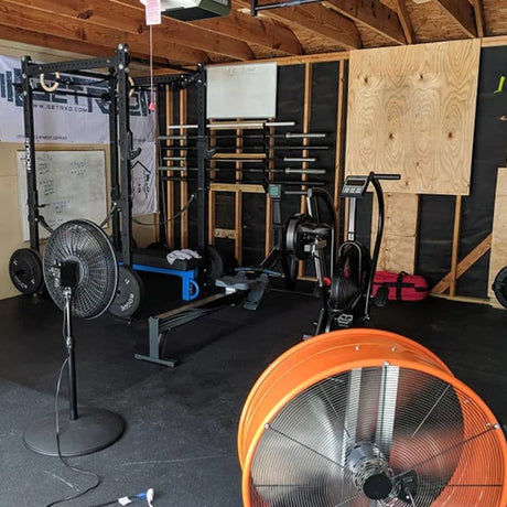 Garage Gym with fan ventilation for summer temperatures