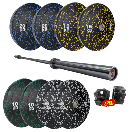 100kg Weight Set of Flecked Bumper Plates | Package Options weight plates Sprung Gym Flooring 100kg Plate Set + 7ft Barbell + FREE Collars  