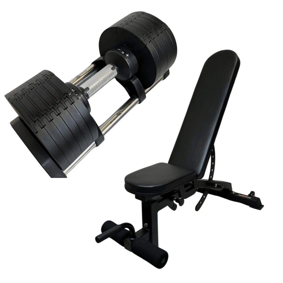 Adjustable dumbbells and online bench